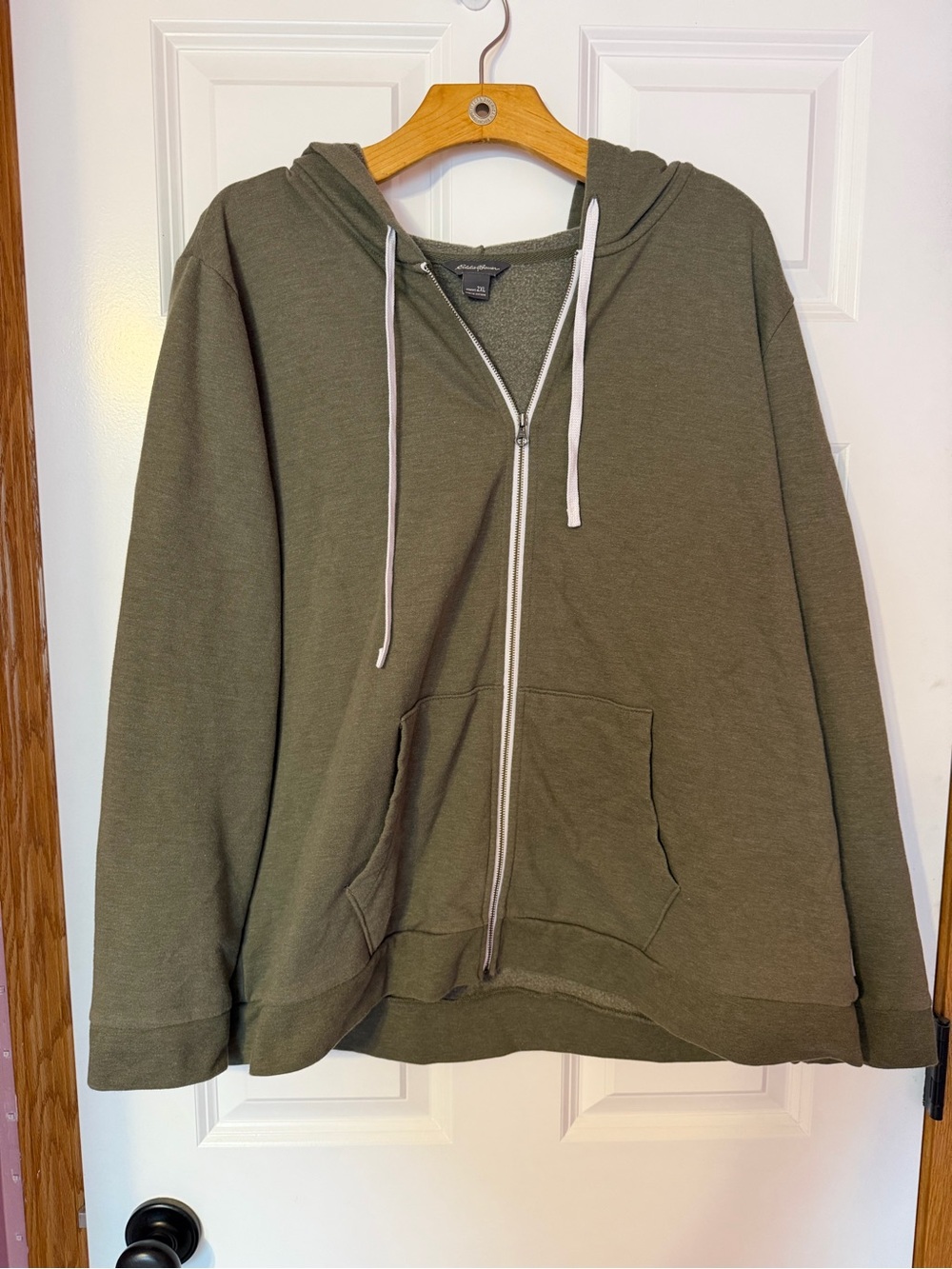 Eddie Bauer Olive Green Zip-Up Hooded Sweatshirt with White Drawstrings